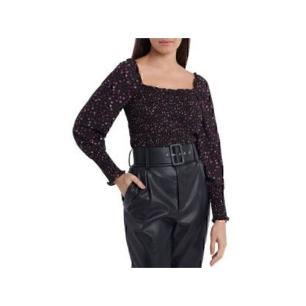 1.State Ruched Floral Print Square Neck Scalloped Cinched Crop Top Shirt XL